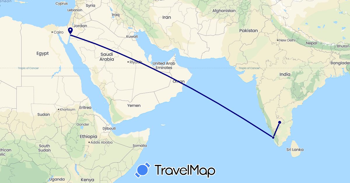 TravelMap itinerary: driving in Israel, India (Asia)